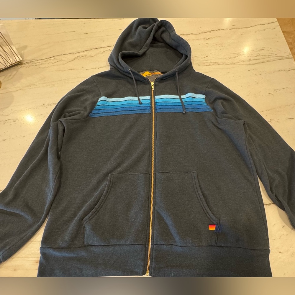 Aviator Nation Dark Gray Zip Up Sweater with Blue Stripes